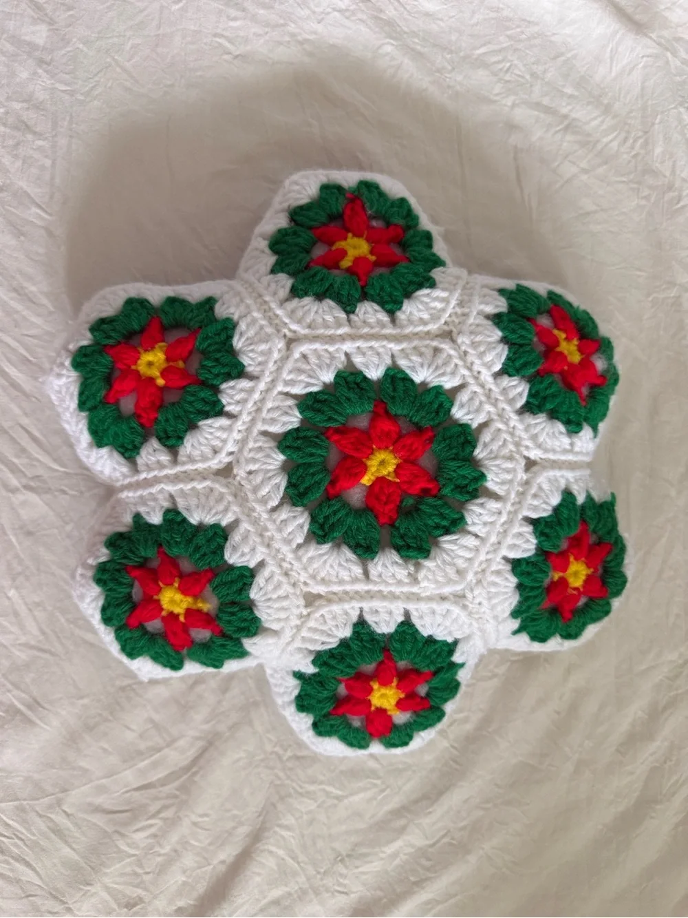 Handmade White Crochet Holiday Poinsettia Pillow